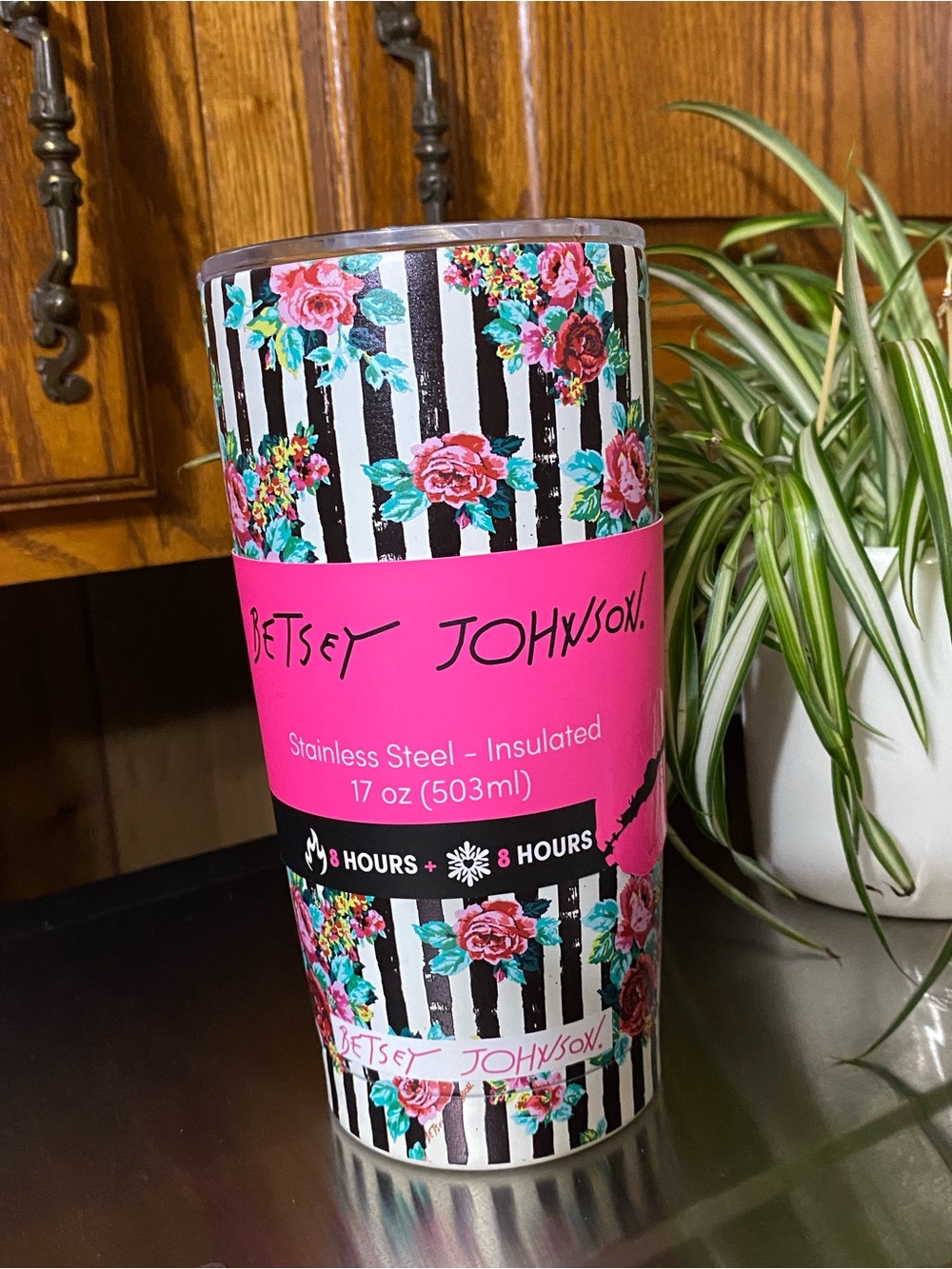 Betsey Johnson Black & White Striped Floral Tumbler with Hot Pink Logo - Picture 8 of 10